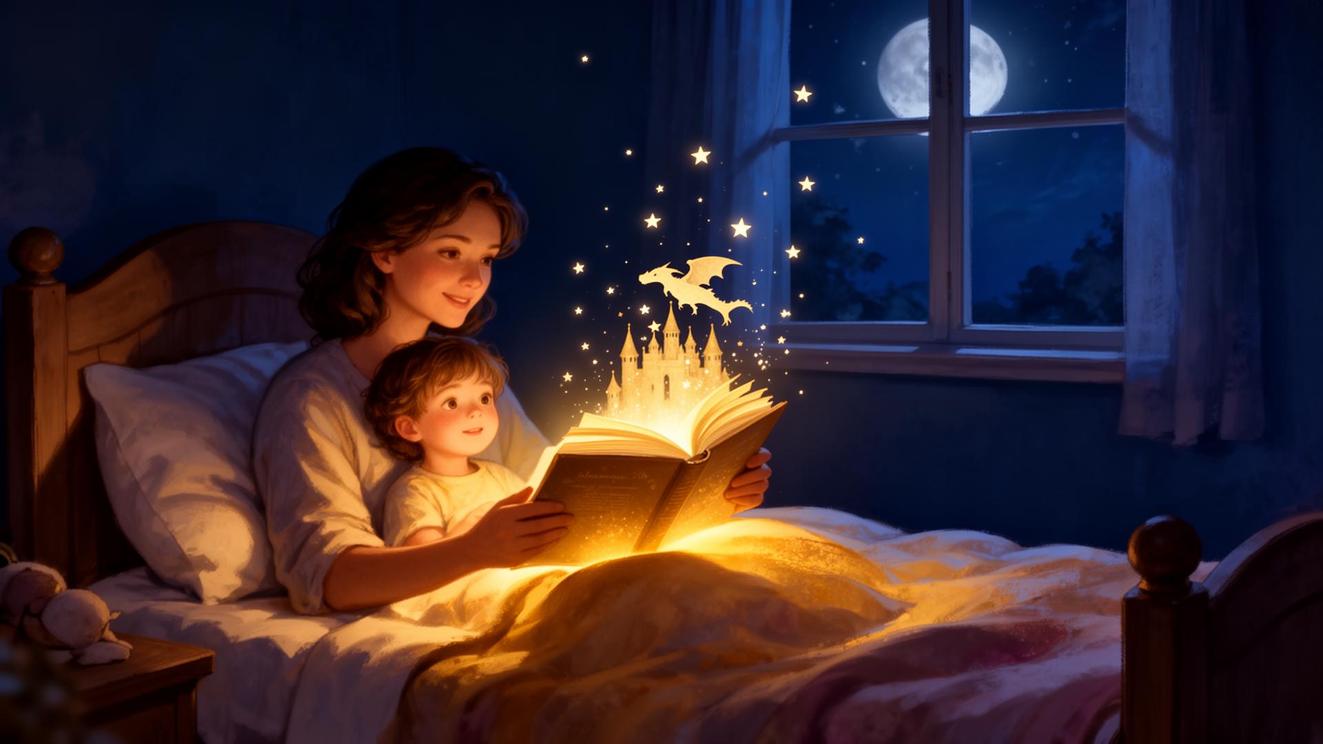 A parent reading a glowing storybook to their child at bedtime